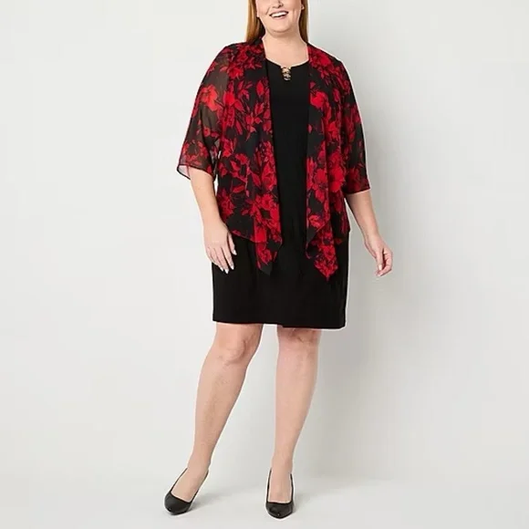 R & K Originals Womens Red Floral Faux-Jacket Dress NWT 20W - Picture 1 of 5